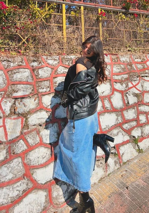 Leather Jacket Black Denim Skirt 90s New Womens Black Genuine
