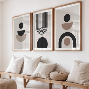 Juego de 3 láminas con formas geométricas: Arte mural de estilo moderno de mediados de siglo.