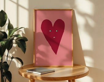 Estampado de corazón, arte de pared pintado estilo vintage en rosa empolvado rojo, decoración estética moderna para el hogar, dormitorio bonito, corazón con ojos