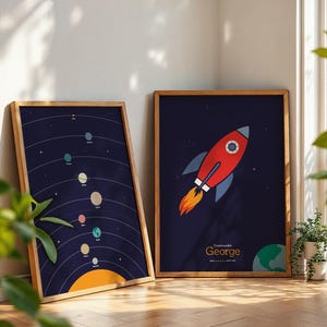 Personalised Planets and Rocket Prints, Solar System for Kids, Kids Planet Poster, Hand Drawn Space Poster, Space Print, Solar System Decor