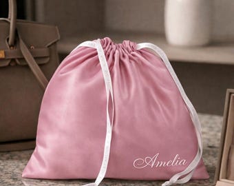 Saco de cetim para guardar objetos com bordado personalizado, bolsa personalizada - Rosa