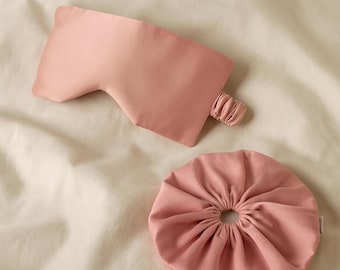Satijnen slaapmasker en haarelastiekje set, zachte benodigdheden voor het slapengaan en een heerlijk zelfverzorgingscadeau voor haar - Roze