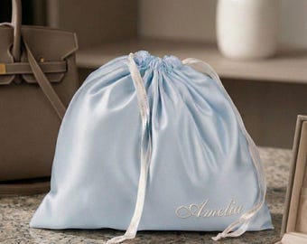 Saco de cetim bordado personalizado, bolsa para armazenamento - Azul