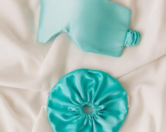 Satijnen slaapmasker en satijnen haarelastiekje, bijpassende beauty slaapset voor 's nachts en op reis - Mintgroen