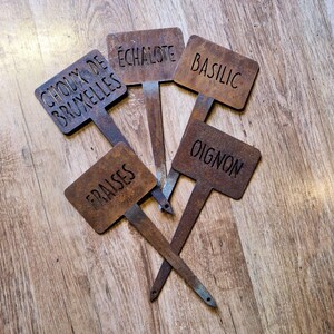 Vintage rusty metal vegetable herb labels, aromatic garden vegetable garden name tags