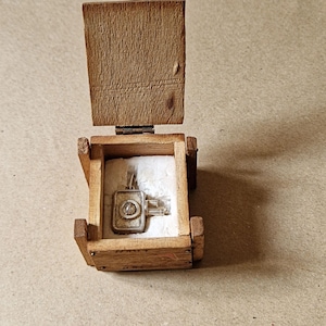 Peut inclure: Un petit pendentif argenté en forme d'appareil photo est posé dans une boîte en bois avec un couvercle à charnière. La boîte est en bois clair et doublée de tissu blanc. Le pendentif en forme d'appareil photo a un objectif circulaire et un corps rectangulaire.