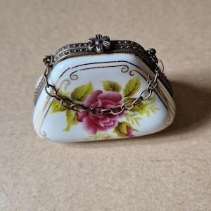 Vintage French ceramic pill box in the shape of a handbag and vintage flower, old decorated ceramic box, Porcelain Art collection