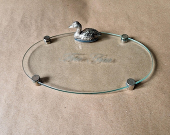 Plateau à foie gras en verre, canard argenté orfèvrerie  française vintage art de la table