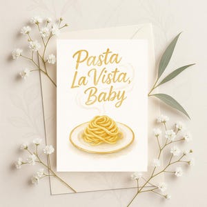 Pasta La Vista Baby Printable Card – Funny Pasta Pun Greeting Card, Digital Foodie Humor Download