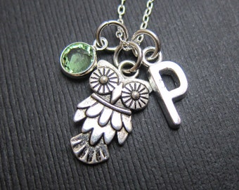Owl Silver Necklace - Personalized Initial Name, Customized Swarovski crystal birthstone