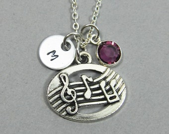 Music Note Necklace - music lover, Personalized Initial Name, Customized birthstone