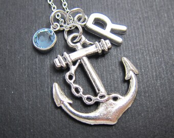 Anchor Necklace - Personalized handstamp Initial Name, Customized crystal birthstone