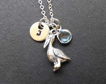 Pelican Necklace - Personalized Baby Bird Initial Name, Customized Swarovski crystal birthstone