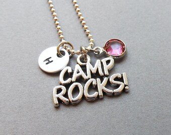 Camp Rocks Necklace - Camping, Summer Camp, Handstamped Initial, Customized Swarovski crystal birthstone