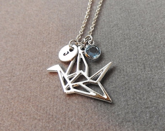 Collar de grulla de origami - Troquelado 3D, inicial personalizada, piedra natal de cristal Swarovski personalizada