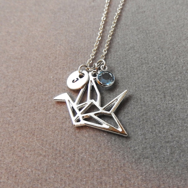 Origami Crane Necklace - 3D Die Cut, Personalized Initial Name, Customized Swarovski crystal birthstone