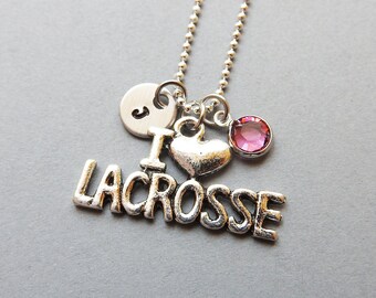 Collar "Me encanta el lacrosse" - Lacrosse, inicial grabada a mano, piedra natal de cristal Swarovski personalizada