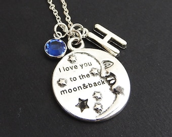 I Love You To The Moon And Back Necklace - Custom Couple's Necklace, Personalized Initial Name Couples Necklace, Swarovski birthstone