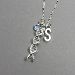 DNA Necklace - genetics science double helix molecule, Personalized Initial Name, Customized birthstone
