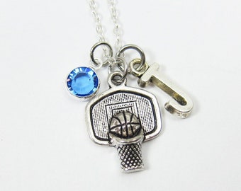 Basketball Necklace - Basketball net, basketball hoop, Personalized Sport, Initial Name, Customized Swarovski crystal birthstone