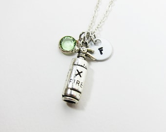 Fire Extinguisher Firefighter Necklace - Handstamped Initial Name, Customized Swarovski crystal birthstone