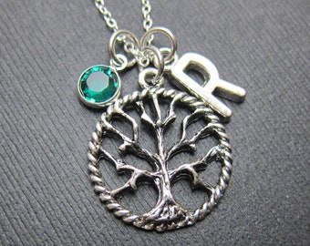 Tree of Life Necklace - Personalized Initial Name, Customized Swarovski crystal birthstone
