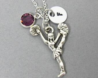 Cheerleader Necklace - Double sided front and back, Personalized Initial Name, Customized birthstone