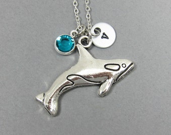 Orca Whale Necklace - Personalized Initial Name, Customized Swarovski crystal birthstone