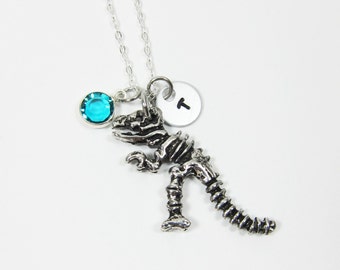 Dinosaur Fossil Necklace - Personalized dinosaur skeleton with handstamped initial and Birthstone crytal