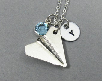 Paper Plane Necklace - Airplane, Origami, Personalized Handstamp Initial Name, Customized Swarovski crystal birthstone