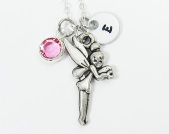 Fairy Necklace - Silver Fairy, Pixie Charm, Personalized Initial Name, Customized Swarovski crystal birthstone
