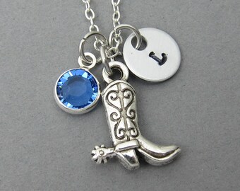 Cowboy Boot Necklace - Personalized Initial Name, Customized Swarovski crystal birthstone