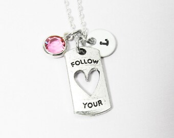 Follow Your Heart Necklace - Hollow Heart Pendant, Personalized Initial Name Crystal Necklace, Swarovski birthstone