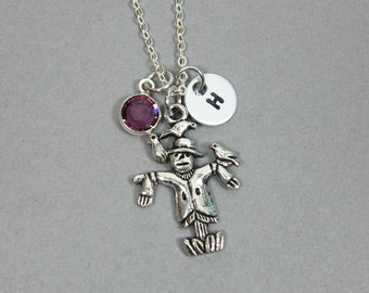 Scarecrow Necklace - Wizard of Oz, Personalized Handstamp Initial Name, Customized Swarovski crystal birthstone