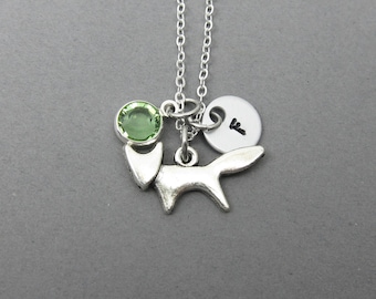 Little Fox Necklace - Handstamped initial, Customized Swarovski crystal birthstone