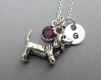 Beagle Dachshund Dog Necklace - Personalized Handstamp Initial Name, Customized Swarovski crystal birthstone