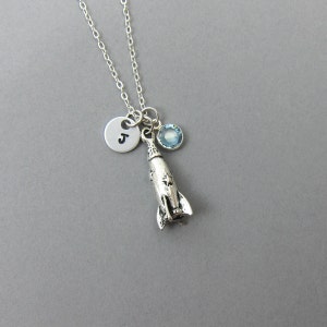 Rocket Necklace - Personalized space rocket necklace, Customized birthstone, handstamped intial