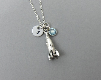 Rocket Necklace - Personalized space rocket necklace, Customized birthstone, handstamped intial