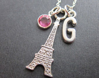 Eiffel Tower Paris Necklace - Personalized Initial Name, Customized Swarovski crystal birthstone