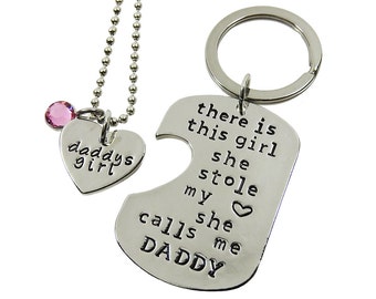 Daddy's Girl Matching Heart Necklace and Dog Tag Keychain - This girl she stole my heart she calls me daddy