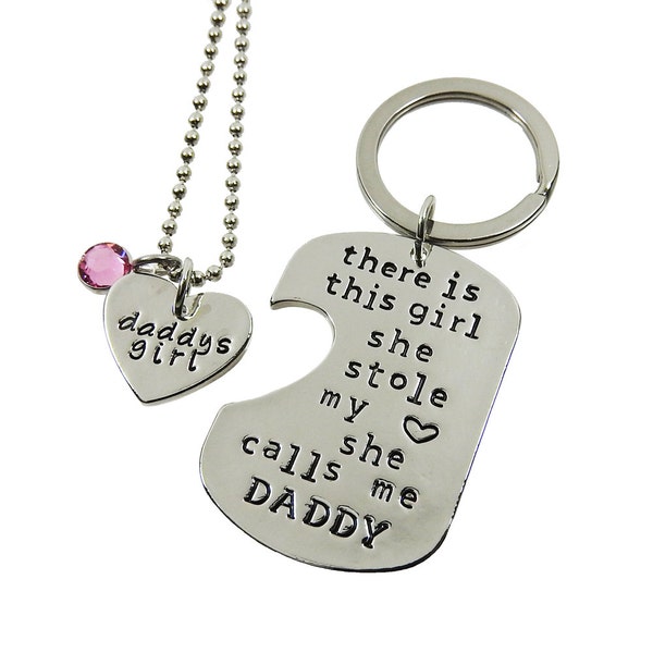 Daddy's Girl Matching Heart Necklace and Dog Tag Keychain - This girl she stole my heart she calls me daddy