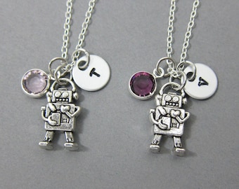 Collar de mejor amigo robot: inicial personalizada estampada a mano, collar de amistad BFF personalizado, collar de pareja