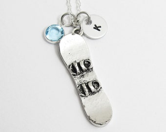 Snowboard Necklace - winter snowboarding sport, Personalized Initial Name, Customized Swarovski crystal birthstone