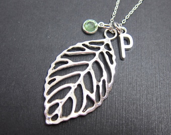 Leaf filigree Necklace - Handstamped Initial, Personalized Name, Customized Swarovski crystal birthstone