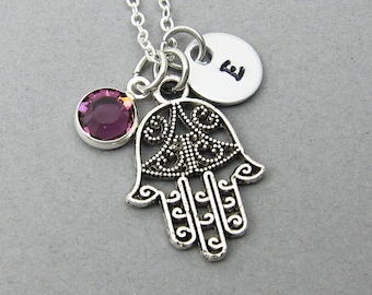 Hamsa Hand Necklace - Khamsa Amulet, Personalized Initial Name, Customized Swarovski crystal birthstone