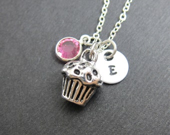 Cupcake Necklace - Personalized Handstamped Initial Name, Customized crystal birthstone