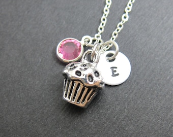 Cupcake Necklace - Personalized Handstamped Initial Name, Customized crystal birthstone