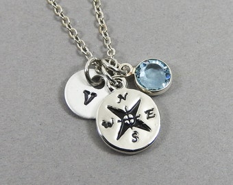 Compass Necklace - Long distance, direction, navigation, Personalized Handstamped Initial Name, Swarovski birthstone