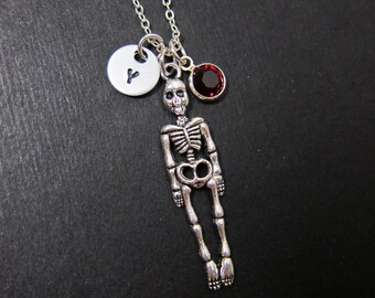 Human Skeleton Necklace - Custom handstamped initial, Personalized Swarovski birthstone