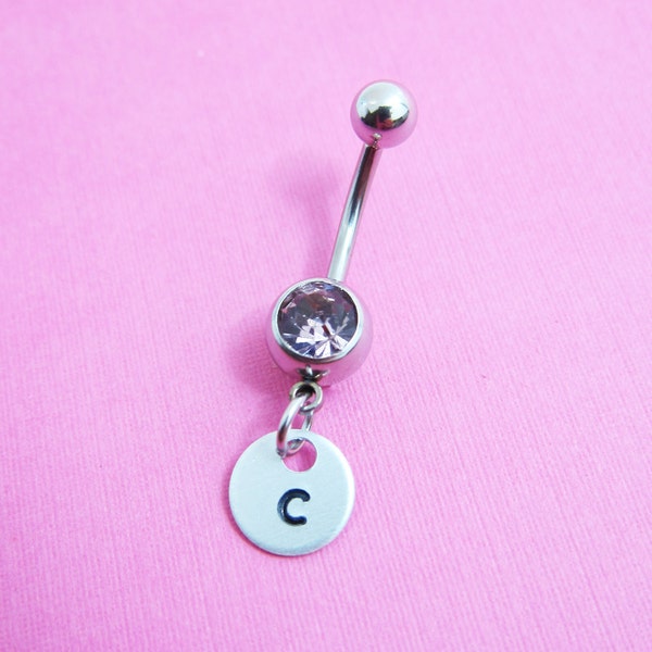 Handstamped Initial Belly Ring - Choose your color, Customized initial name, Bff friendship navel barbell